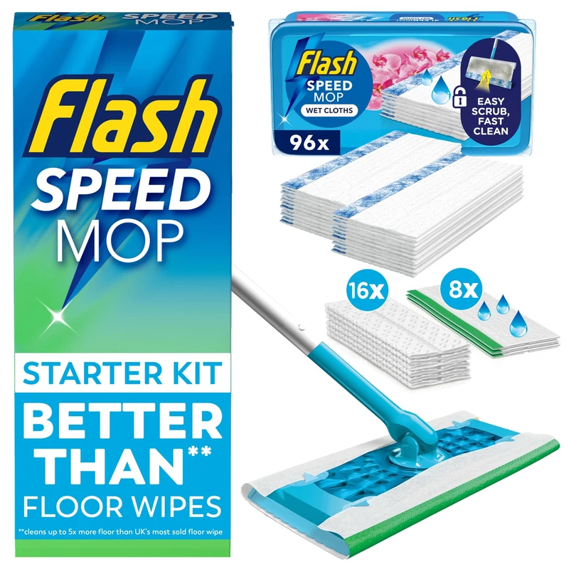 Flash Speed Mop Starter Kit Bundle Value Pack, Handle + 16 Dry + 8 Lemon Anti-bac + 96 Wild Orchid Wet Refills