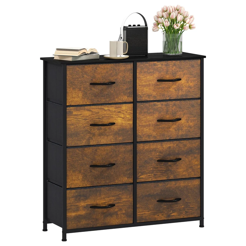 DWVO Chest of Drawers, 8 Fabric Drawers Bedroom Cabinet,Dresser for Bedroom,Living Room With Handles,Wood Top and Sturdy Steel Frame,Rustic Brown