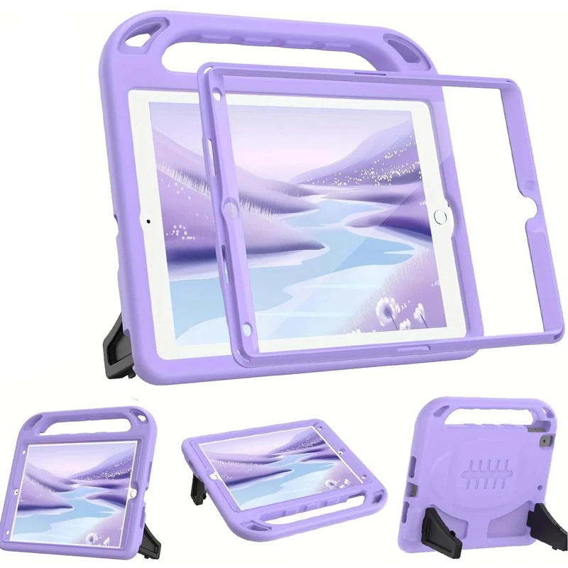 Surom Kids Case with Built-in Screen Protector for iPad 10.2 Inch 2021/2020/2019 (9th/8th/7th Generation), Lightweight Shockproof Handle Stand, Light Purple