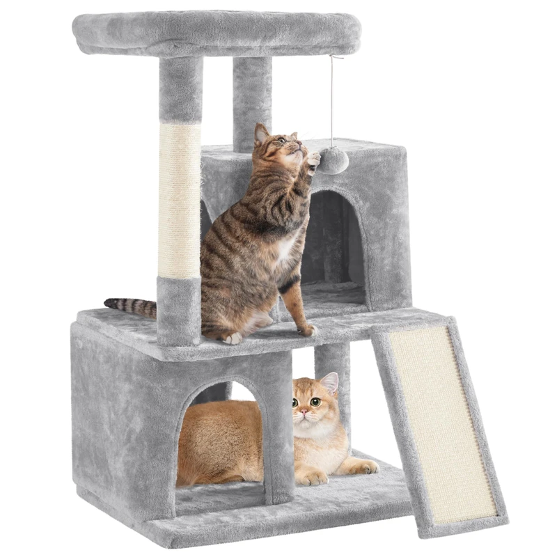 Yaheetech Cat Tree, 106cm Multilevel Cat Tower with Double Condo Scratching Post Dangling Ball for Small/Medium Kittens Pets, Pet Furniture House Light Grey