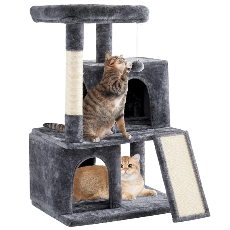 Yaheetech Cat Tree, 106cm Multilevel Cat Tower with Double Condo Scratching Post Dangling Ball for Small/Medium Kittens Pets, Pet Furniture House Dark Grey
