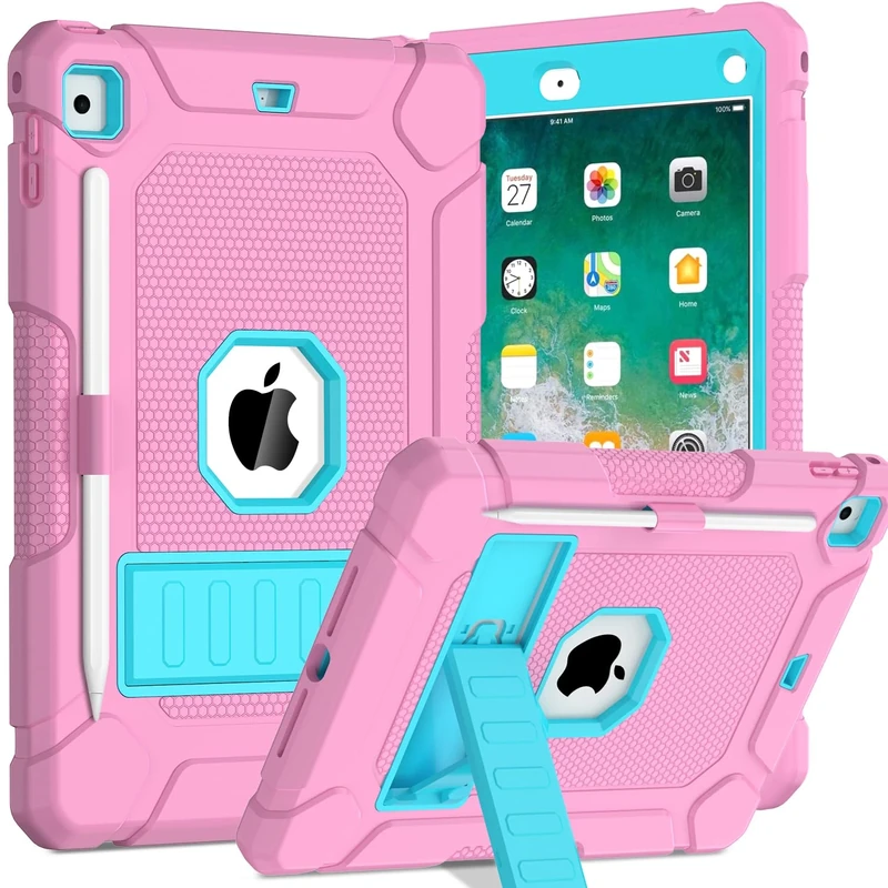 TOPWANT Case for iPad 6th 5th Generation (9.7 inch, 2018/2017), Shockproof Protective iPad 9.7 Case with Built-in Stand/Pencil Holder for iPad 6th/5th Gen, Air 2, Light Pink