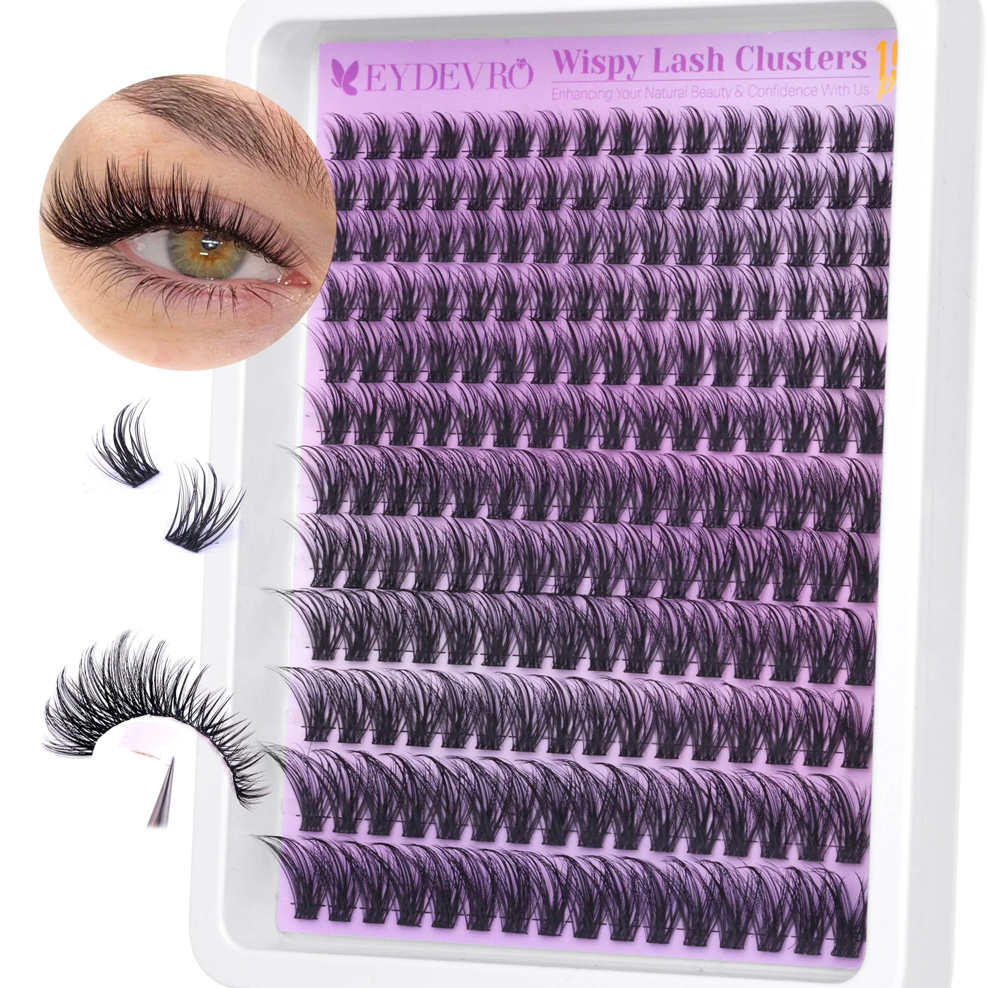 EYDEVRO Wispy Cluster Lashes Natural Lashes Individual Cluster 9-18mm 192 Pcs Lash Clusters CD Curl Eyelash Clusters Individual Eyelashes Reusable Comfortable False Eyelashes Manga Lashes