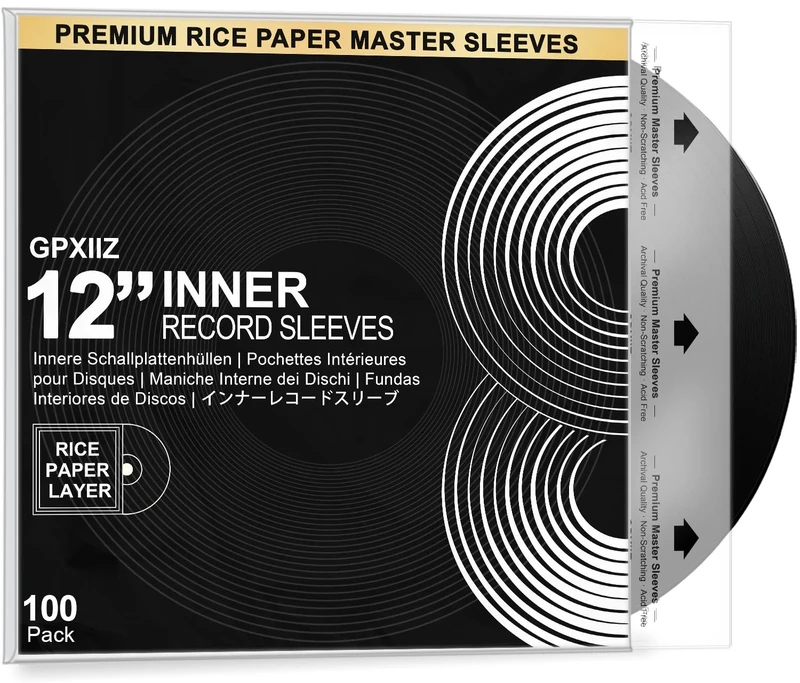 GPXIIZ 100x Anti Static Vinyl Inner Sleeves 12 Inch, Premium HDPE Rice Paper Vinyl Record Sleeves, Archival Quality 3 Layer Protective Plastic LP Covers for 12" Record