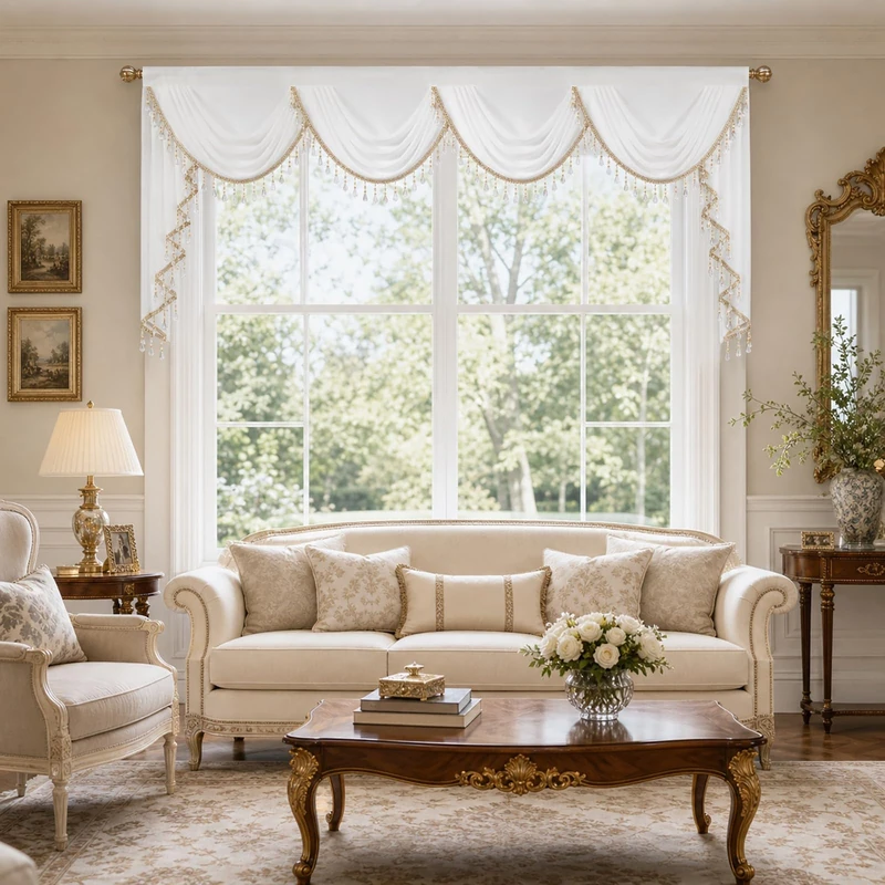 Leeva Luxury White Waterfall Sheer Valance with Beaded Tassels, 43x110 Inch Elegant Swag Curtains for Windows, Vintage Victorian Voile Scarf for Living Room Bedroom Decor, 1 Panel (Pure White)