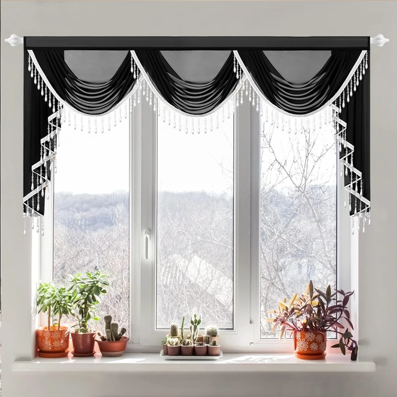 Leeva Black Waterfall Sheer Valance, Premium Silky Voile Swag Curtain with 3 Swags & Beaded Tassels, Light Filtering Vintage Décor Drapes for Living Room Bedroom Windows, 1 Panel, 43x79 Inches