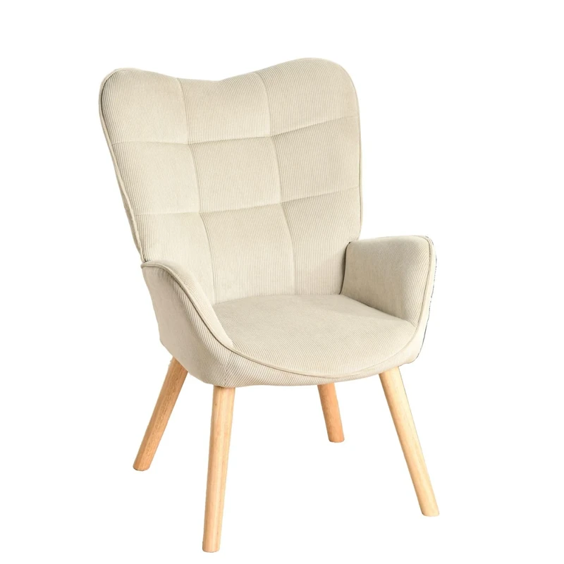 Modern Upholstered Accent Chair with Soft Corduroy Fabric, Ergonomic Padded Seat, Oak Wood Legs, Mid-Century Lounge Chair for Living Room, Bedroom, Office, Reading Corner, Beige, 61x72x88cm
