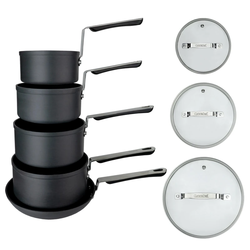 Commichef 5-Piece Cookware Set in Anodised Aluminium with Non-Stick Coating, Includes 14cm, 16cm, 18cm, 20cm Saucepans with lids & 24cm Frying Pan, Stackable Design