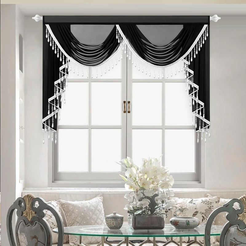 Leeva Black Waterfall Sheer Valance, Elegant Beaded Tassel Swag Curtain with 2 Swags, Light Filtering Silky Voile Window Treatment for Bedroom Living Room, 1 Panel, 43x59 Inches