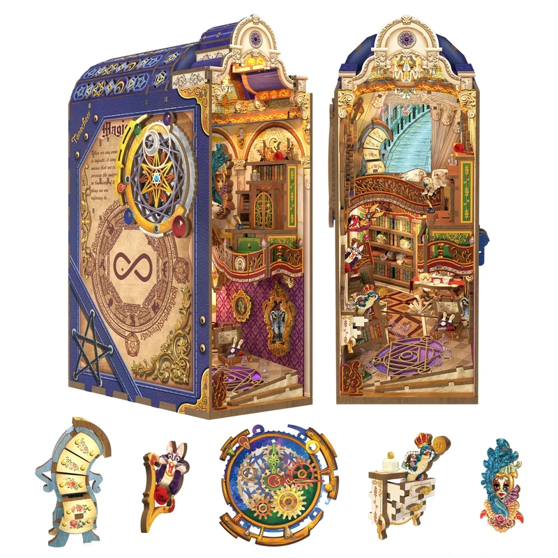Tonecheer Book Nook Kit with Dust Cover and LED Light, Magical Library Booknook DIY Miniature House 3D Wooden Puzzle, Movable and Rotating Parts, Creative Bookshelf Decor, Unique Gift for Adults