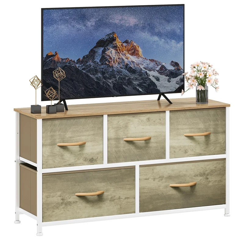 DWVO Chest of Drawers, 5 Fabric Drawers Bedroom Cabinet,Dresser for Bedroom,Living Room With Handles,Wood Top and Sturdy Steel Frame, Light Wood Color