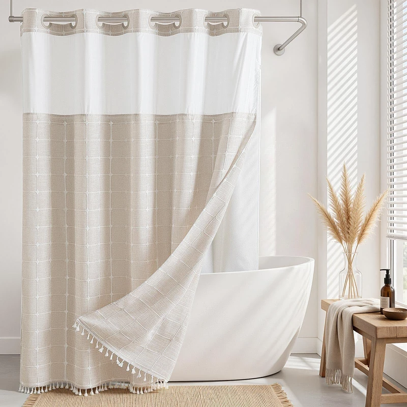 Farmhouse Shower Curtain with Snap-in Liner,No Hooks Needed, Fabric Shower Curtains with Tassels for Rustic Bathroom Decor,with Window,with Magnets,Water Repellent&Machine Washable,Linen,71x80Inch