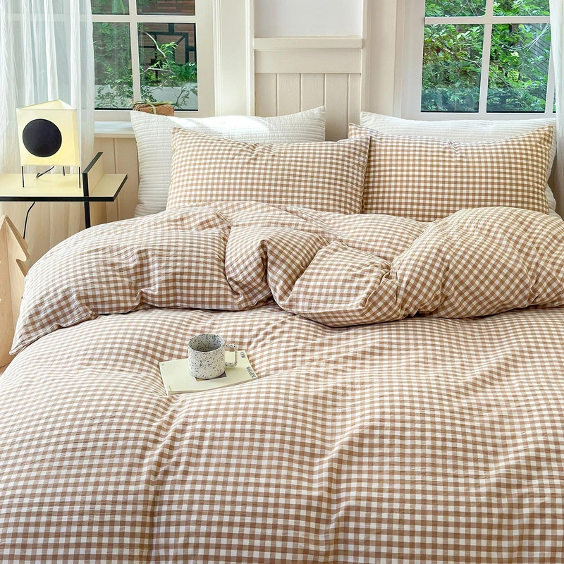 Tan Plaid Gingham Duvet Cover King 3 Pieces Checkered Grid Duvet Cover 100% Washed Cotton Beige Plaid Comforter Cover with Zipper Closure 2 Pillowcases Luxury Soft Gingham Bedding Set Breathable