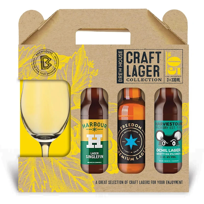 Brewhouse Craft Lager Collection set, including three 330ml bottles of Craft Lagers (Harbour Brewing/Freedom Brewing/Harviestoun Brewery). Perfect for Christmas, Birthdays and Father’s Day.