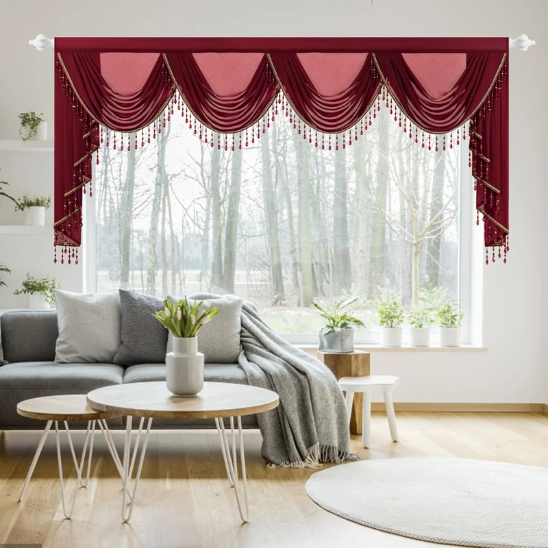 Leeva Red Waterfall Sheer Valance, Premium Silky Voile Swag Curtain with Beaded Tassels & Rod Pocket, 43x110 Inches, Light Filtering Home Décor for Bedroom Living Room Windows, 1 Panel