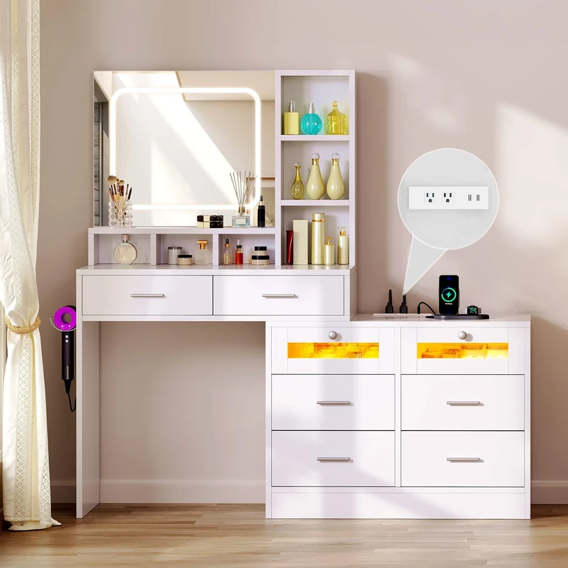 YITAHOME White Dressing Table, RGB Vanity Makeup Desk with Mirror and Drawers, Reversible Corner Bedroom Dressing Tables with LED Lights and Charging Station, Adjustable Brightness - Image 1