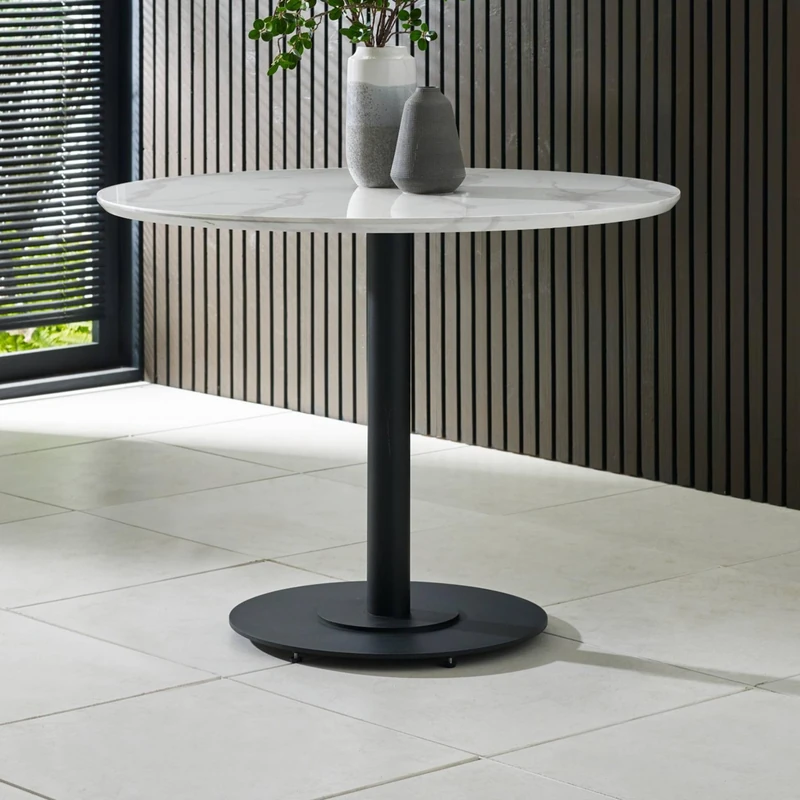 Julian Bowen Luca Dining Table – 100 x 76 cm, White Round Kitchen Table, Marble Effect 4 Seater with Modern Black Pedestal Base for 2-4 People – Medium