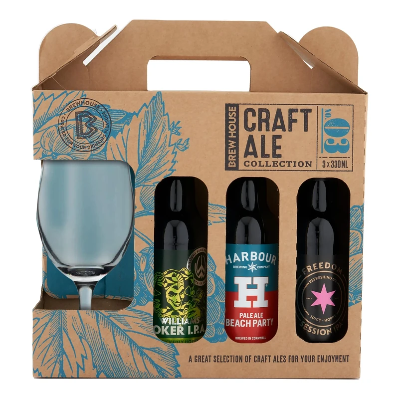 Brew House Craft Ale Collection. Including 3x 330ml bottles of Craft Ales with a Chalice Glass. Williams Bros, Harbour Brewing, Freedom Brewing. Perfect for Christmas and Birthdays by Blue Tree Gifts