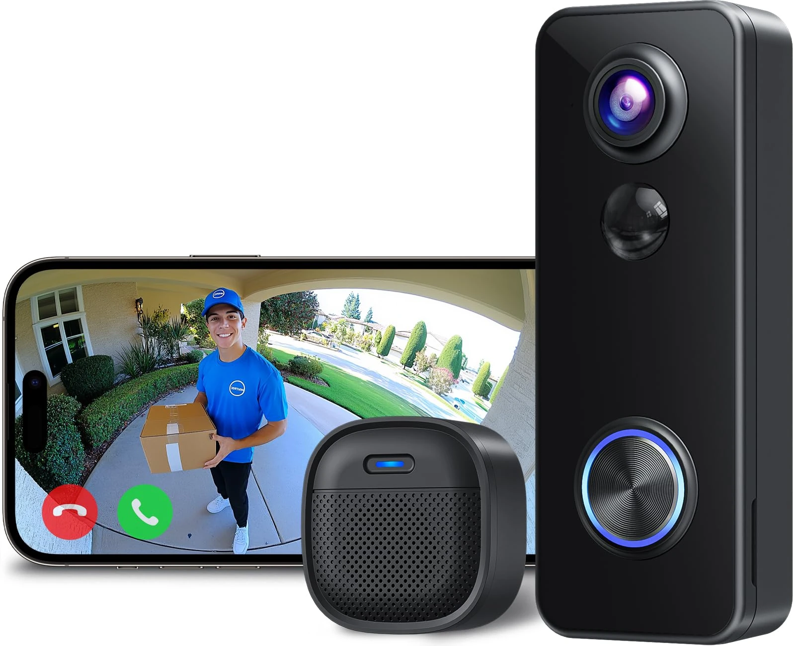 XTU Video Doorbell Camera Wireless, 2K HD Smart Door bell Camera Head-to-Toe View, Battery Operated, PIR Motion Detection, Night Vision, 2-Way Audio, SD Card & Cloud Storage, Works with Alexa