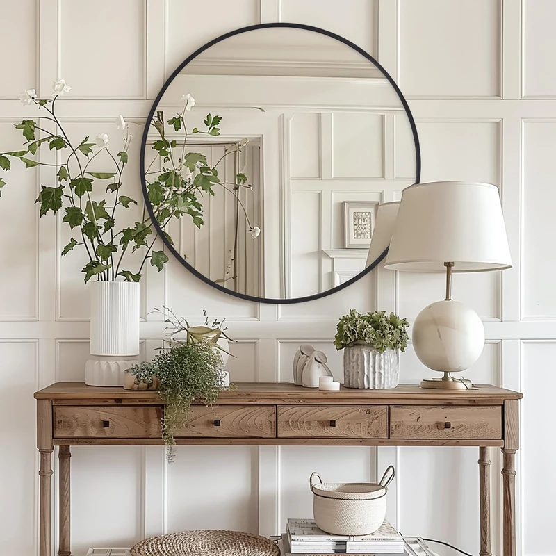 Melodieux Round Wall Mirror 90cm Black Circle Home Decorative Hanging Wall Mounted Vanity Mirror for Bathroom Hallway Bedroom Living Room