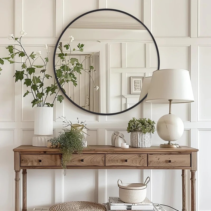 Melodieux Round Wall Mirror 80cm Black Circle Home Decorative Hanging Wall Mounted Vanity Mirror for Bathroom Hallway Bedroom Living Room