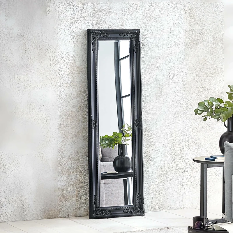 Julian Bowen Palais Mirror Full Length – Antique Wooden Wall Mounted, Glass, 130cm x 40cm, Full Body Mirror for Bedroom, Living Room & Dressing Room – Black