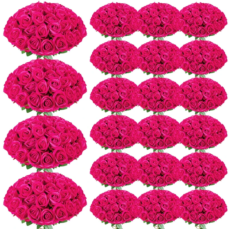 Ovveroche 150 Pcs Artificial Roses Long Stem Silk Flowers Hot Pink