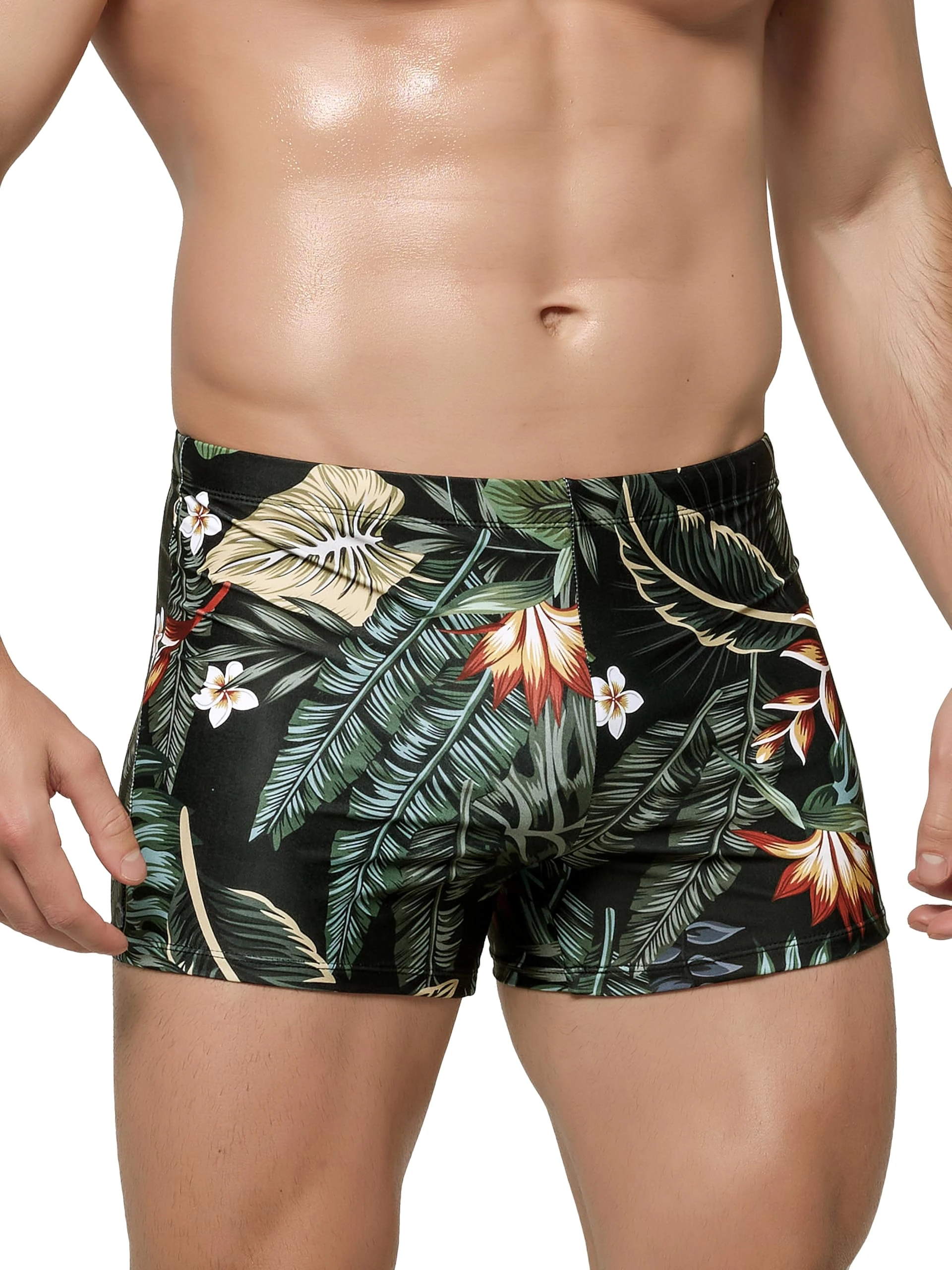 Arcweg Men's Swimming Trunks Shorts Sport Boxer Swimwear Boxers Underwear Drawstring Summer Beach Board Shorts Elastic Swimsuit Bottom Black Jungle S(UK) No Pad