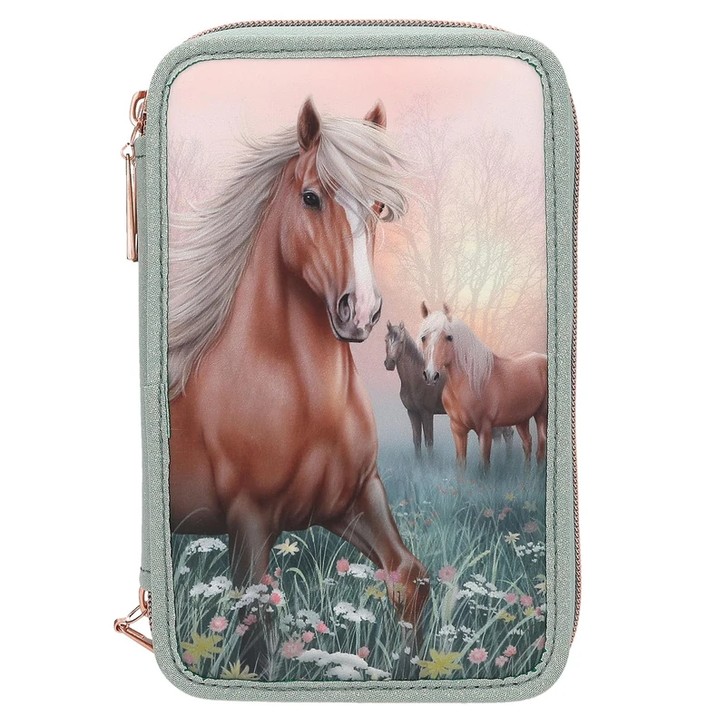Depesche 13403 Miss Melody Romantic Fields Filled 3-Compartment Pencil Case in Green, with Horse Motif, Flowers and Glitter, Pencil Case with Colouring Pencils, Ruler, Scissors and Much More