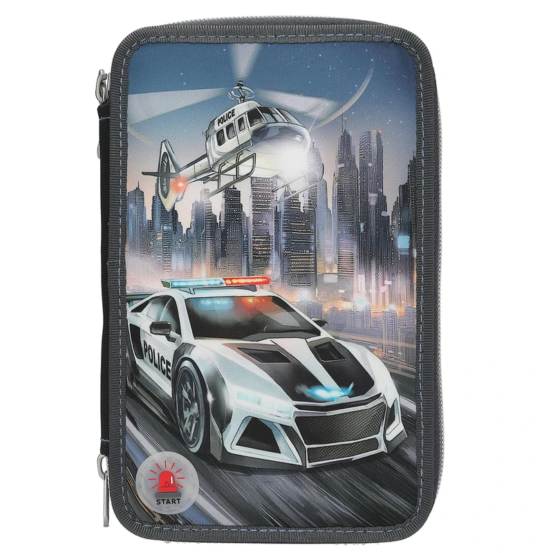 Depesche 13333 Monster Cars - Filled 3-Compartment Pencil Case in Grey, with LED Effect and Police Motif, Pencil Case with Coloured Pencils, Scissors, Ruler and Much More