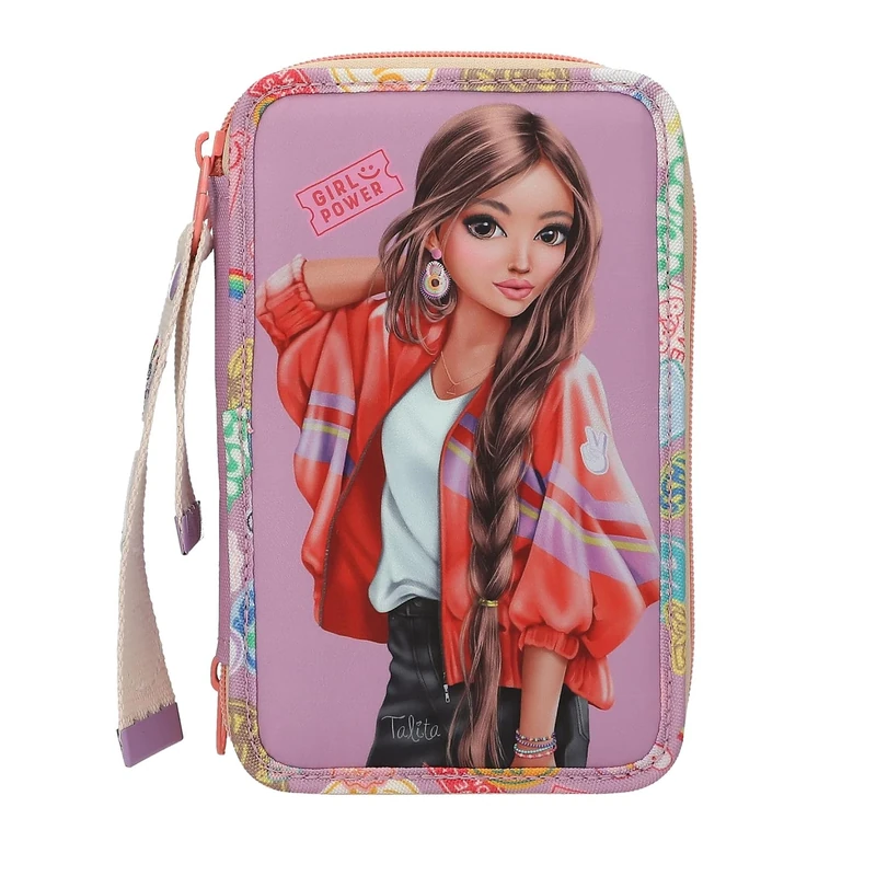 Depesche 13283 TOPModel Girl Power - Filled 3-Compartment Pencil Case in Purple, with Model Motif and Colourful Batches, Pencil Case with Colouring Pencils, Scissors, Ruler and Much More