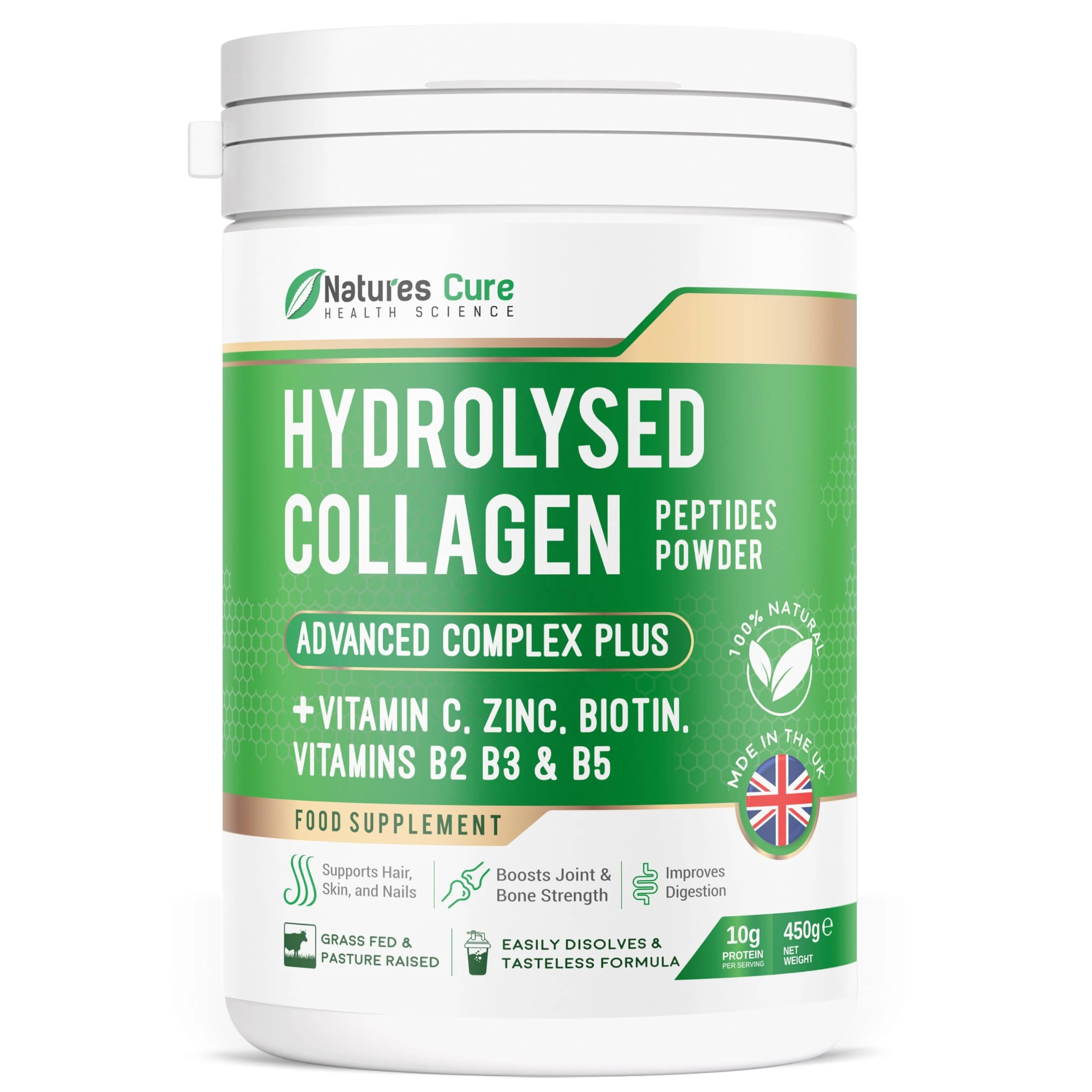 Premium Collagen Powder Complex – Bovine Collagen Peptides 450g- Enriched with Essential B Vitamins, Vitamin C, Zinc & Biotin – Pure Hydrolysed Collagen Supplement – by Natures Cure