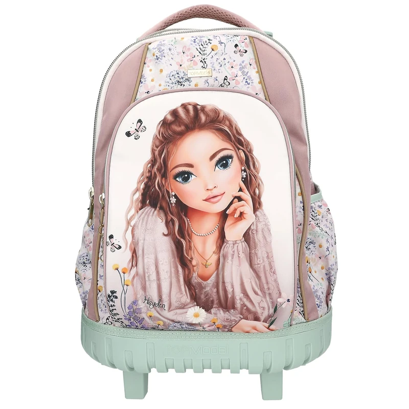 Depesche TOPModel Summer Feeling 13305 School Backpack Trolley in Pink and Green with Model Motif and Flower Pattern, School Bag with Telescopic Handle and Wheels