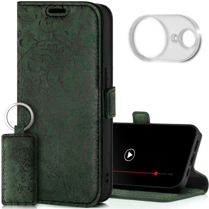 SURAZO Premium Mobile Phone Case for Apple iPhone 16e Case with Camera Protection - Foldable Genuine Leather Protective Case [Card Slots] [RFID Protection] [Stand] [Flower Motif] Flip Case Leather