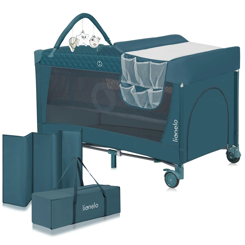 lionelo FLOWER Baby Camping Cot From Birth to 36 Months, Foldable, Duo Levels, Side Entrance, with Matteron, Changing Mat, Storage Box, Hanging Toys, Bag