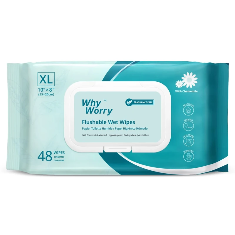WhyWorry Flushable Wipes for Adults, Extra Large 20x25 cm Flushable Toilet Wipes with Chamomile & Vitamin E, Moist Toilet Tissues Sensitive, 100% Plant-Based, Septic & Sewer Safe, Unscented, 48 Count