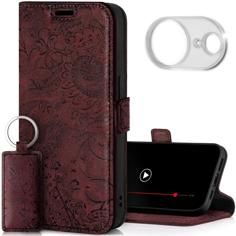 SURAZO Premium Mobile Phone Case for Apple iPhone 16e Case with Camera Protection - Foldable Genuine Leather Protective Case [Card Slots] [RFID Protection] [Stand] [Flower Motif] Flip Case Leather