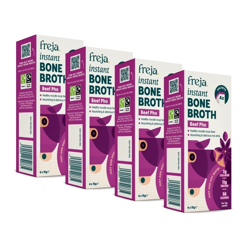 Freja Instant Pho Bone Broth | Beef | Limited Edition | 100% Natural | Rich in Collagen, Protein & Amino Acids | Dairy & Gluten Free, 4 boxes (4 x 15g Sachets Per Box)