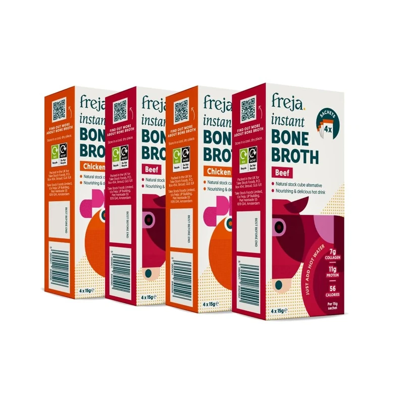 Freja Best of Instant Bone Broth | Beef & Chicken | 100% Natural | Rich in Collagen, Protein & Amino Acids | Dairy & Gluten Free, 4 boxes (4 x 15g Sachets Per Box)