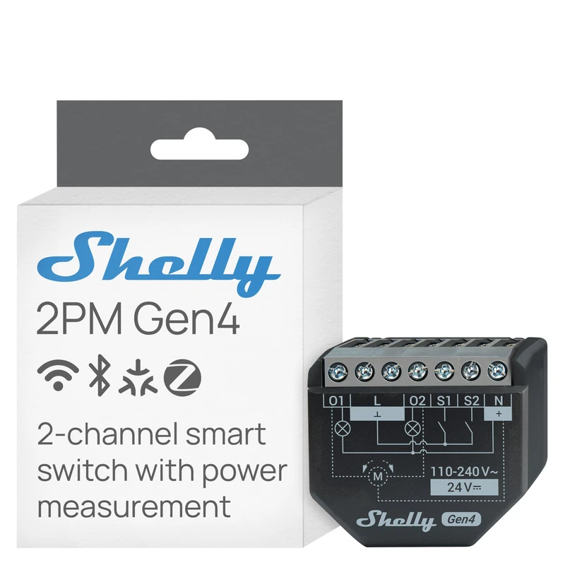 Shelly 2PM Gen4 - Wi-Fi Smart Relay Switch, 2 Channels, 16A Total, Power Metering, Home Automation, Roller Shutter Remote Control, No Hub Required, Matter, Alexa, Google, Apple HomeKit, Zigbee