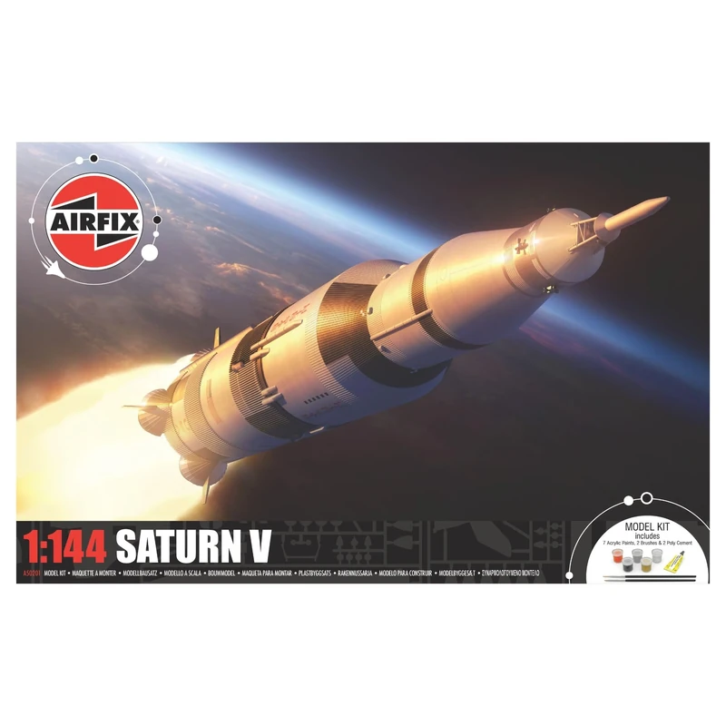 Airfix A50201 Saturn V Gift Set - Plastic Model Kits, Spacecraft Building Kits for Adults & Kids 8+, Includes: 1:144 Scale Model, Humbrol Acrylic Paints, Brushes & Poly Cement