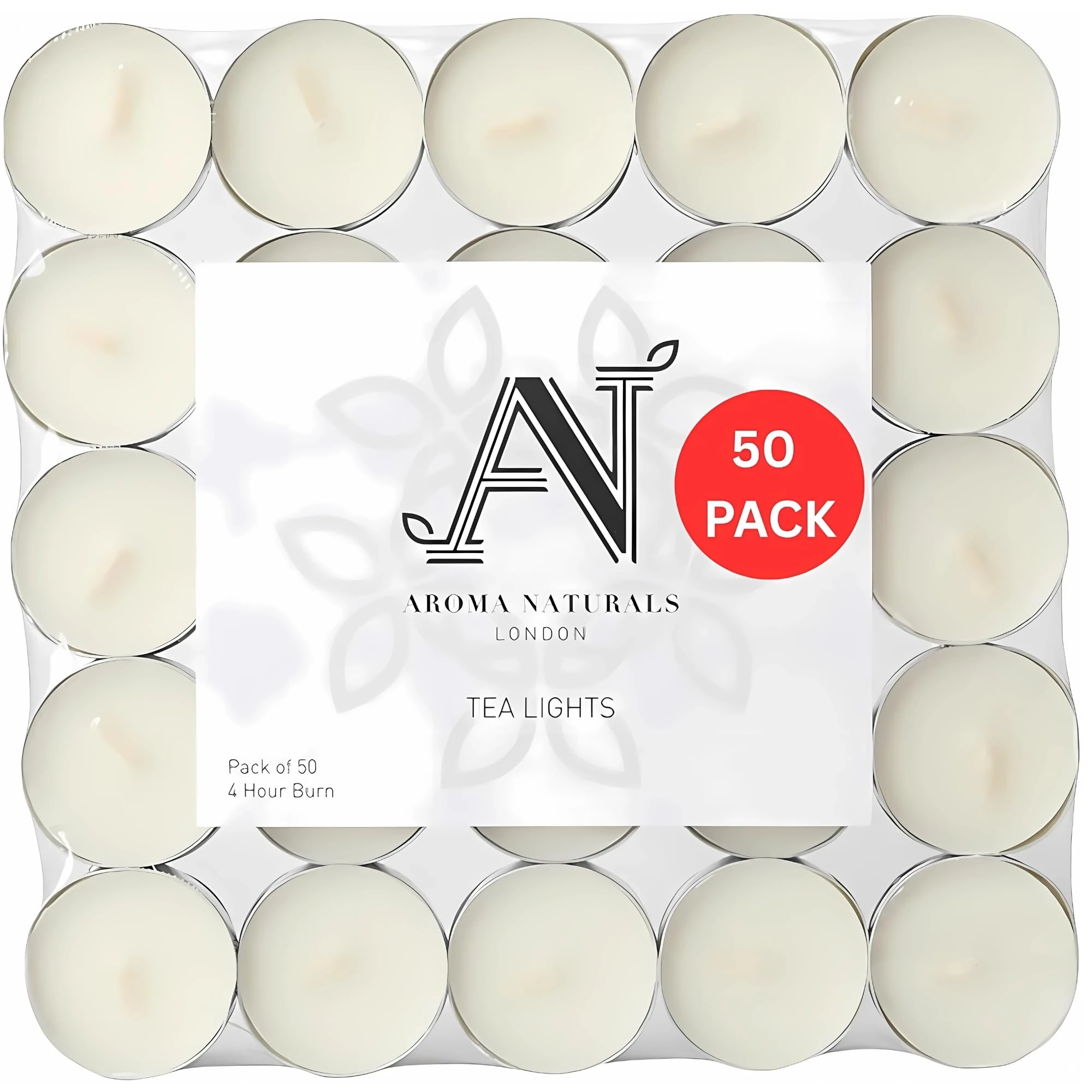 Aroma Naturals London Unscented Tealight Candles Pack of 50 | 4-Hour Slow Burn Time | Standard Size D3.8 x H1.45cm | White Wax Candlelight | Aluminium Cups Tea Lights | Bag of (50) Halloween Candles