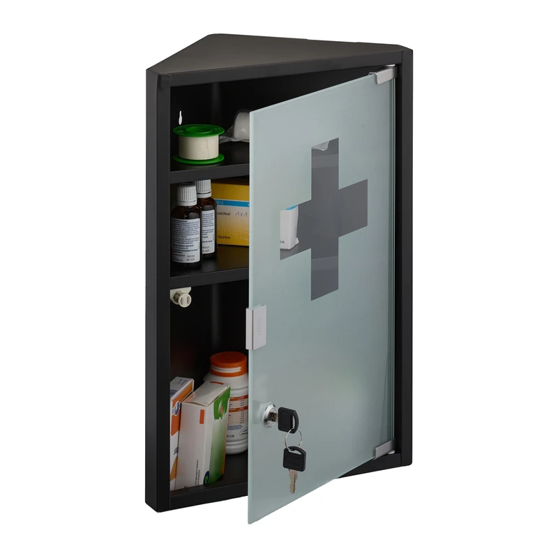 Relaxdays Medicine Cabinet, 3 Shelves, 45x30x17.5 cm, Lockable, Corner First Aid Cupboard, Steel, Glass Door, Black