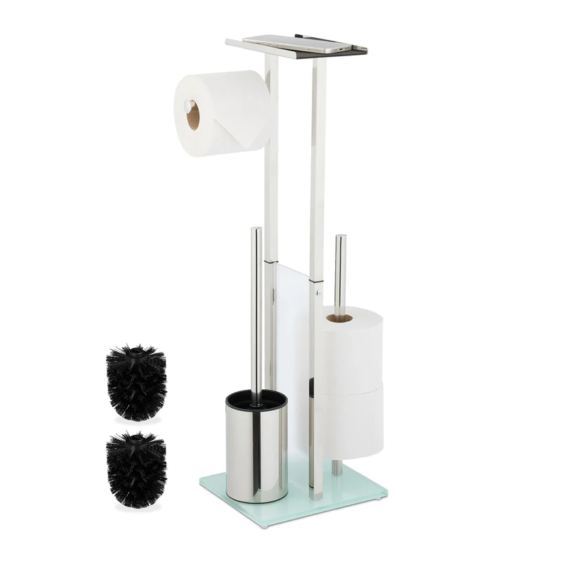Relaxdays Toilet Roll Holder and Brush Set, Freestanding, Stand with Shelf, HWD: 66x24x18 cm, Stainless Steel, Silver