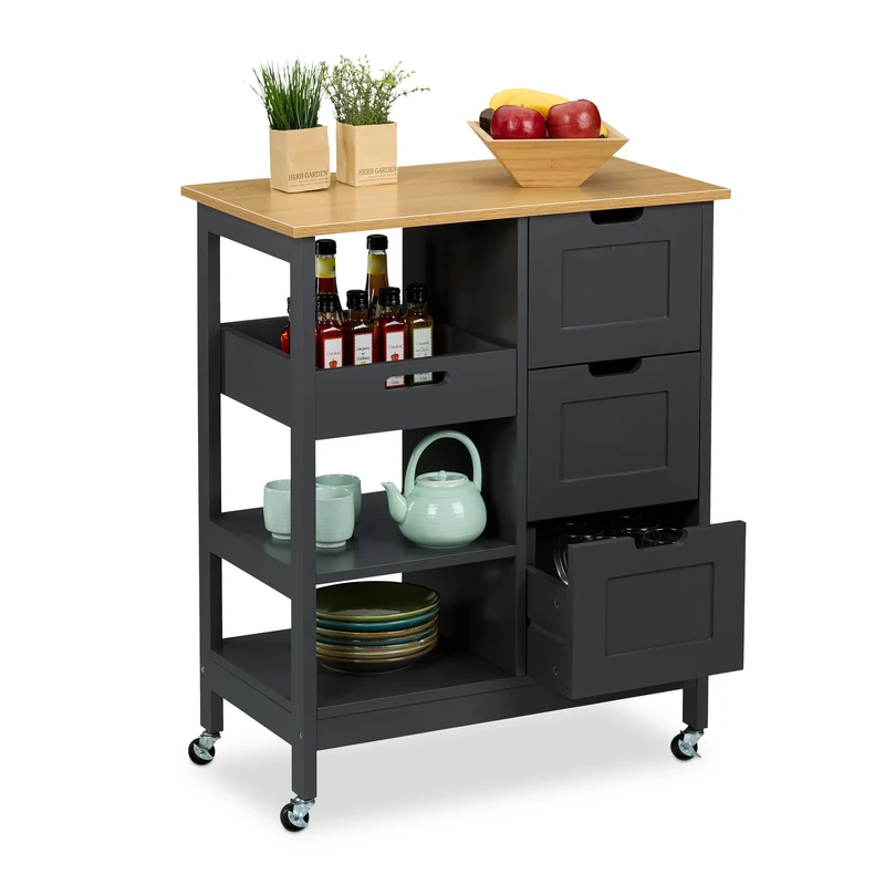Relaxdays Kitchen Island Cart, with Countertop, 3 Drawers, 3 Shelves, 85 x 68.5 x 38.5 cm, Rolling Trolley, Grey/Natural, Fibreboard, Wood