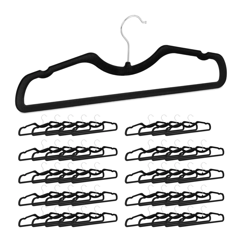 Relaxdays Set of 50 Flocked Coat Hangers, Velvet Coating, Non-Slip & Compact, Rail and Notches, Suit Holders, Black