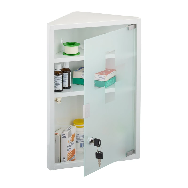 Relaxdays Medicine Cabinet, 3 Shelves, 45x30x17.5 cm, Lockable, Corner First Aid Cupboard, Steel, Glass Door, White