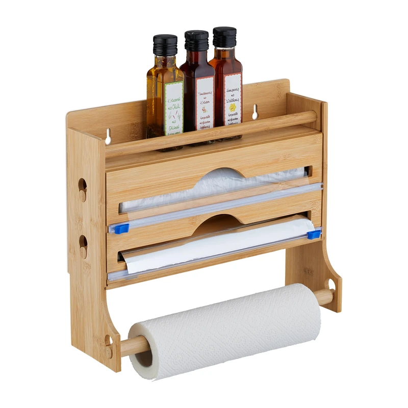 Relaxdays Cling Film Dispenser, with Kitchen Roll Holder, for Foil, Bamboo, Wall-Mounted, 30.5 x 36.5 x 12 cm, Natural - Image 1