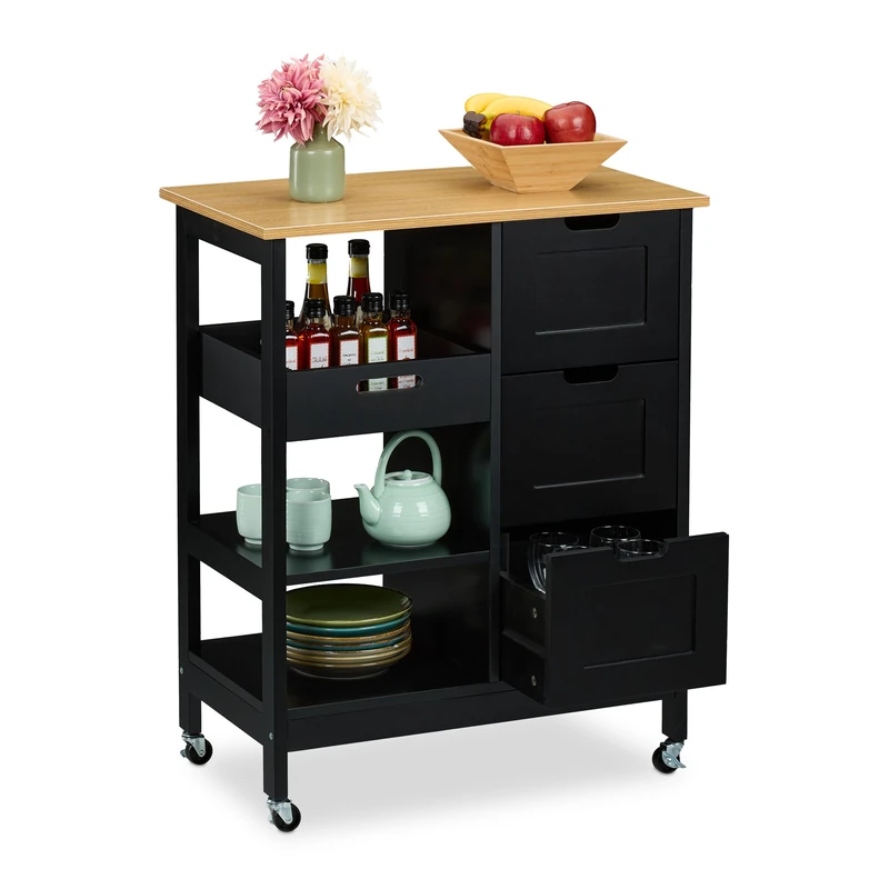 Relaxdays Kitchen Island Cart, Countertop, 3 Drawers, 3 Shelves, 85 x 68.5 x 38.5 cm, Rolling Trolley, Black/Natural, Wood, Fibreboard