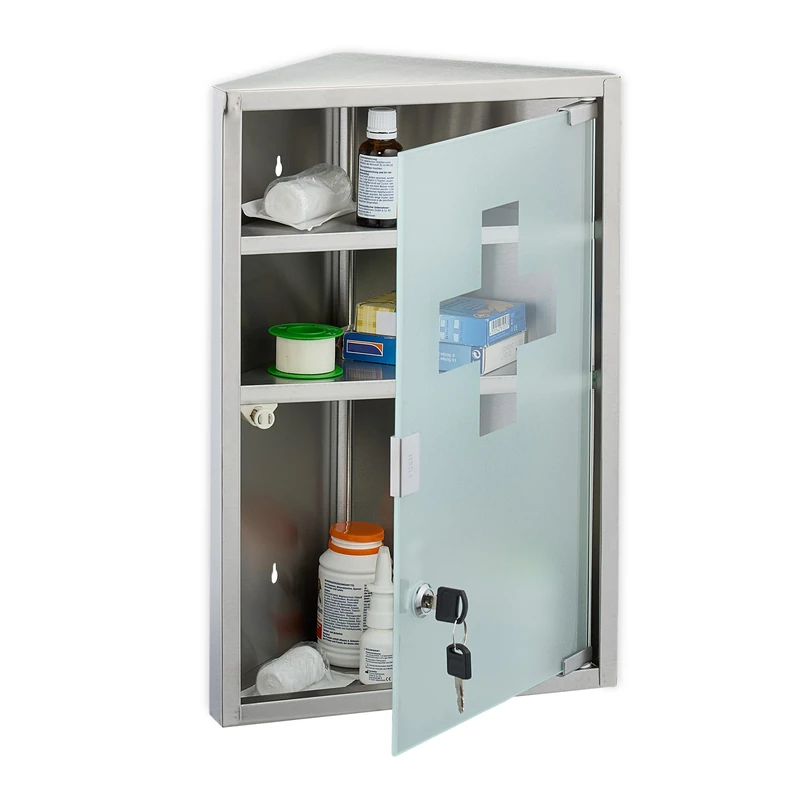 Relaxdays Medicine Cabinet, 3 Shelves, 45x30x17.5 cm, Corner First Aid Cupboard, Stainless Steel, Glass Door, Silver